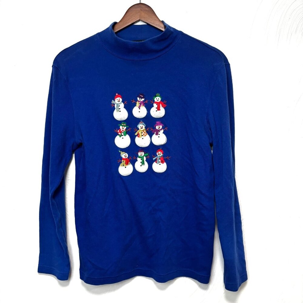 Vintage Christmas Sweatshirt Snowman Holiday Pullover Long Sleeve Blue 90s Women